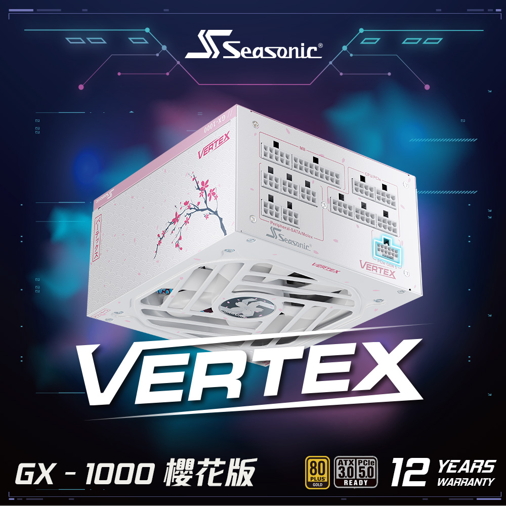 海韻 Seasonic Vertex GX-1000 電源供應器 金牌/全模 (白) 櫻花版