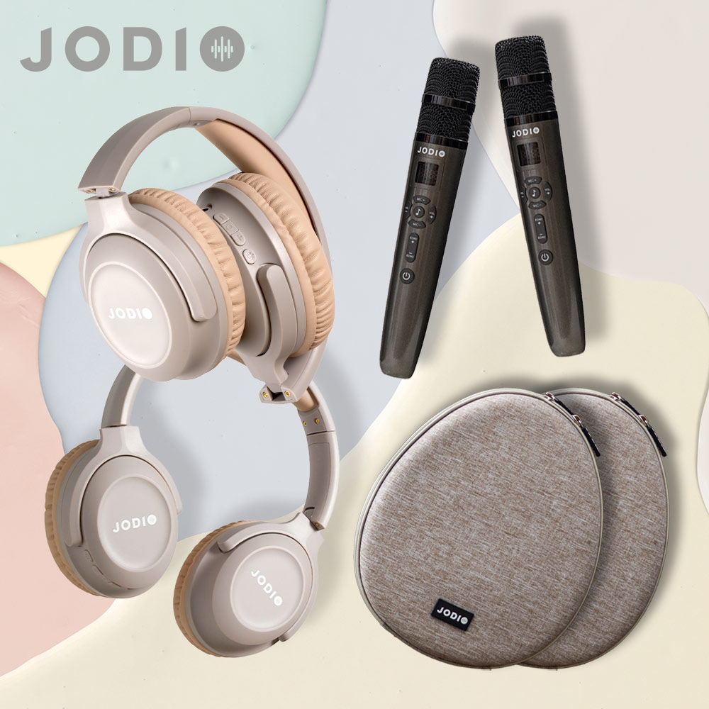 JODIO 藍芽行動KTV耳機豪華組 二入 (奶茶色)+專用時尚收納包 (奶茶色)