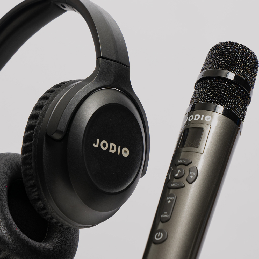JODIO 藍芽行動KTV耳機豪華組 二入 (酷黑)+專用時尚收納包 (灰黑)